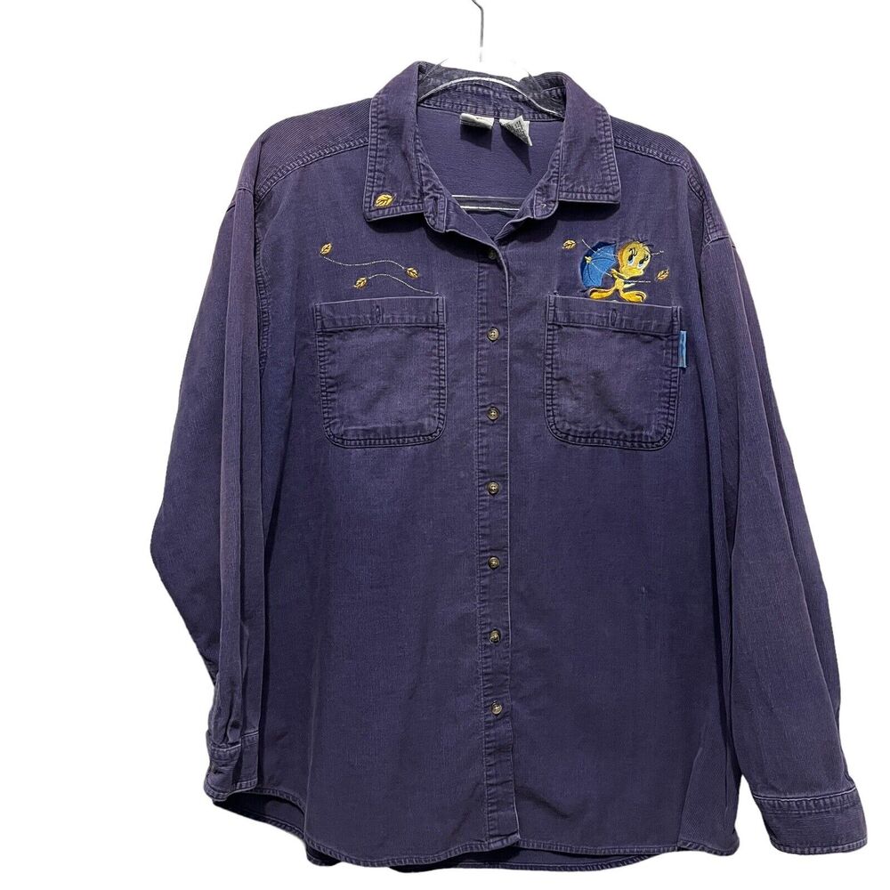Looney Tunes Tweety Bird Corduroy Shirt Women XL Faded Blue Purple Vintage Windy